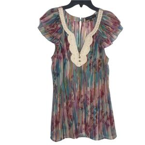 Sanctuary Boho Multi Color Abstract Print Crochet Flutter Sleeve Blouse M‎